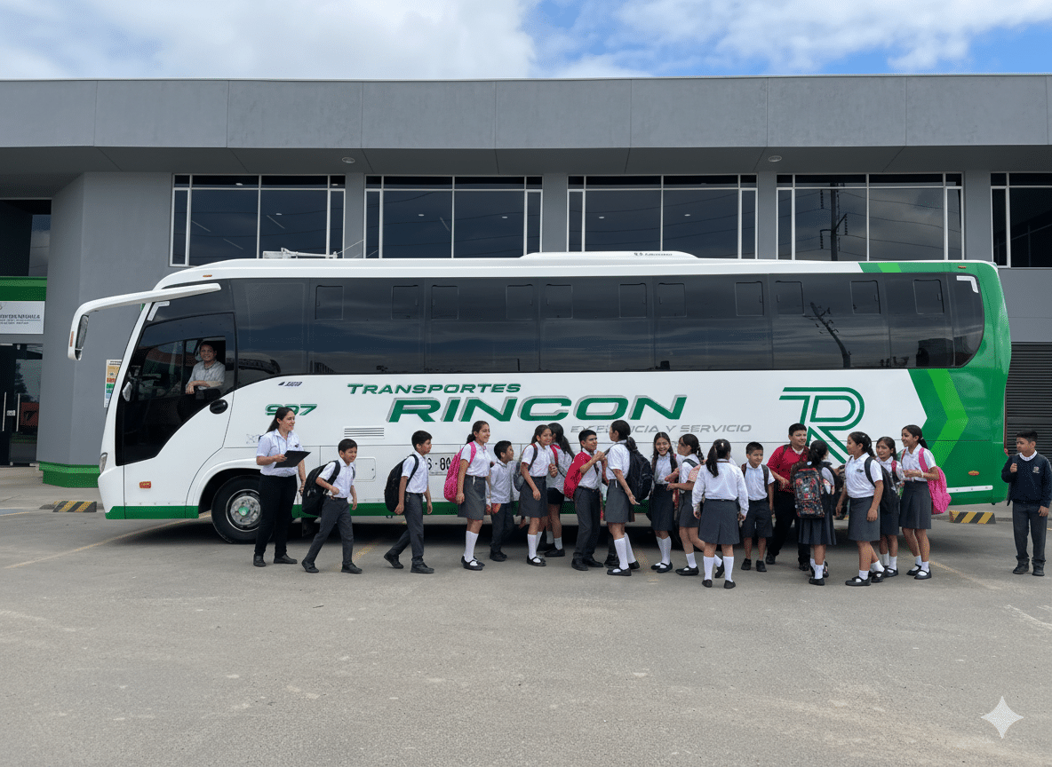 Monitora de ruta escolar ayudando a una niña a subir al bus de forma segura